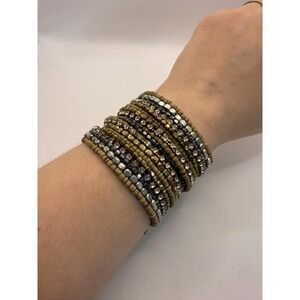 Vintage Multi-Strand Beaded Cuff Bracelet – Bronze & Silver Tone Seed Beads